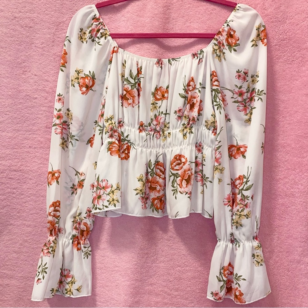 Wild Love Off Shoulder Top White Pink Floral Rose Print Flowy Garden XS S Small